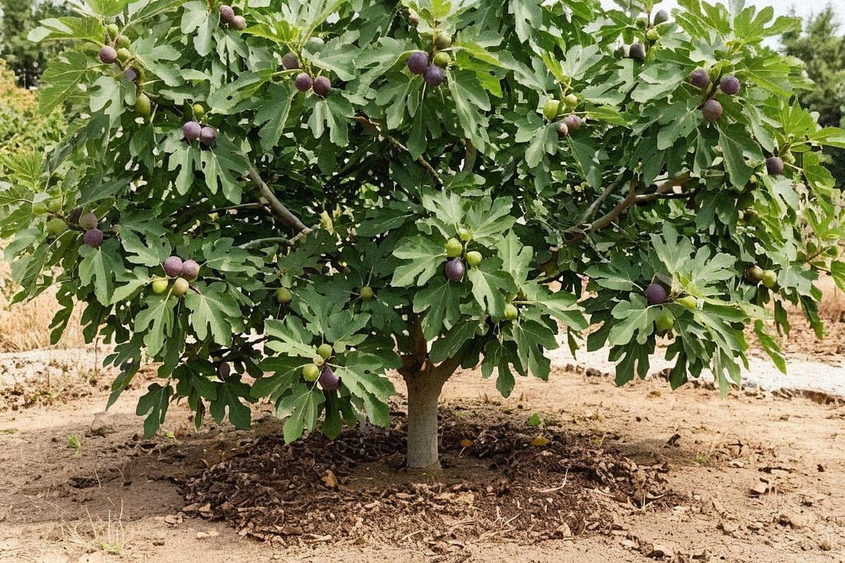Grand figuier dans un jardin familial en été, avec nombreuses figues vertes et violettes parmi les feuilles, sol paillé et couronne naturellement large sous une forte lumière