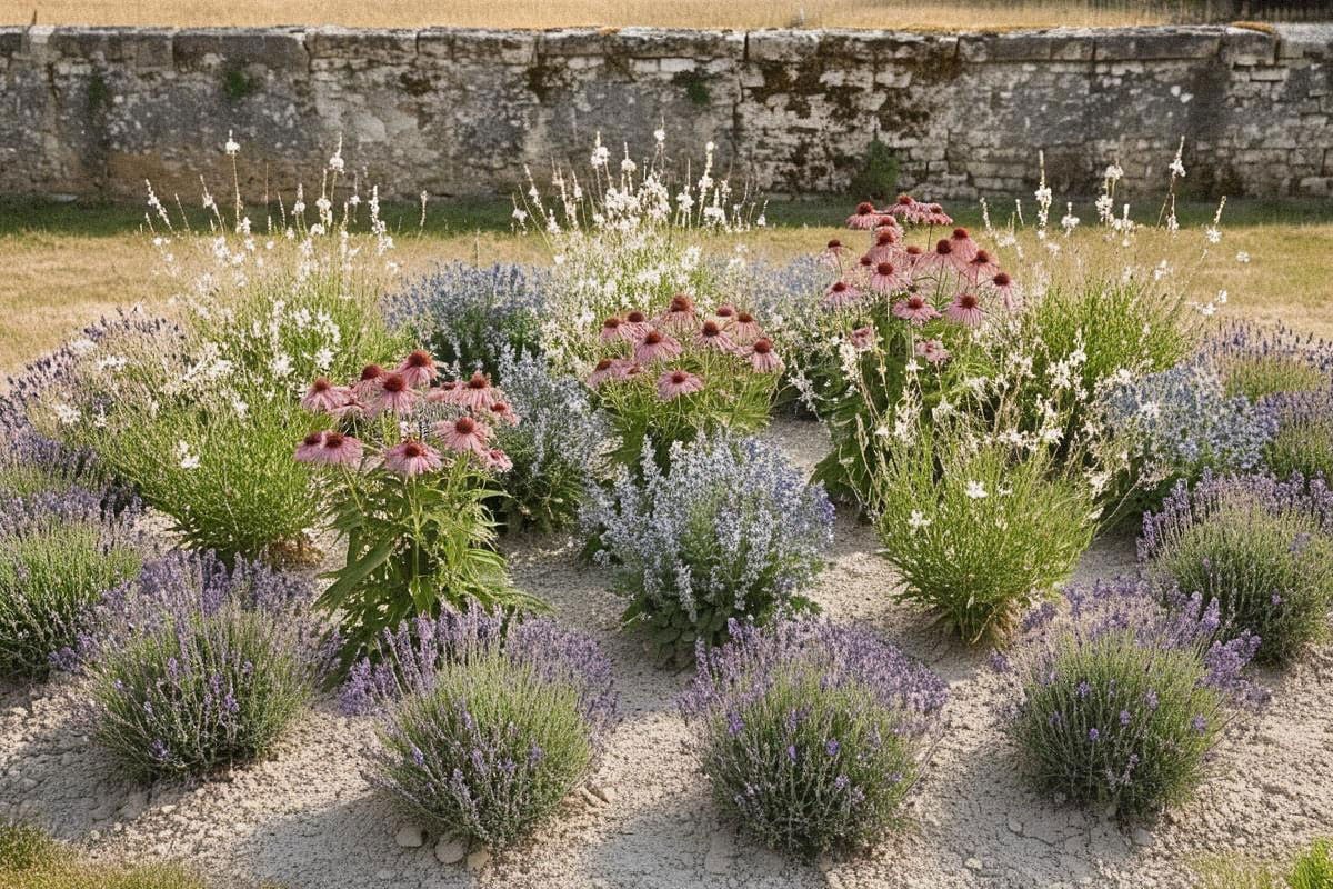 Grand massif plein soleil mêlant gauras blancs, échinacées roses, sauges bleues et lavandes violettes, avec paillage minéral discret et floraison dense sous une lumière d’été