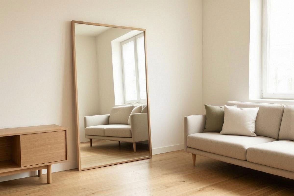 Grand miroir rectangulaire posé contre un mur clair face à une fenêtre, reflétant un petit salon lumineux avec canapé bas, parquet continu et mobilier peu profond