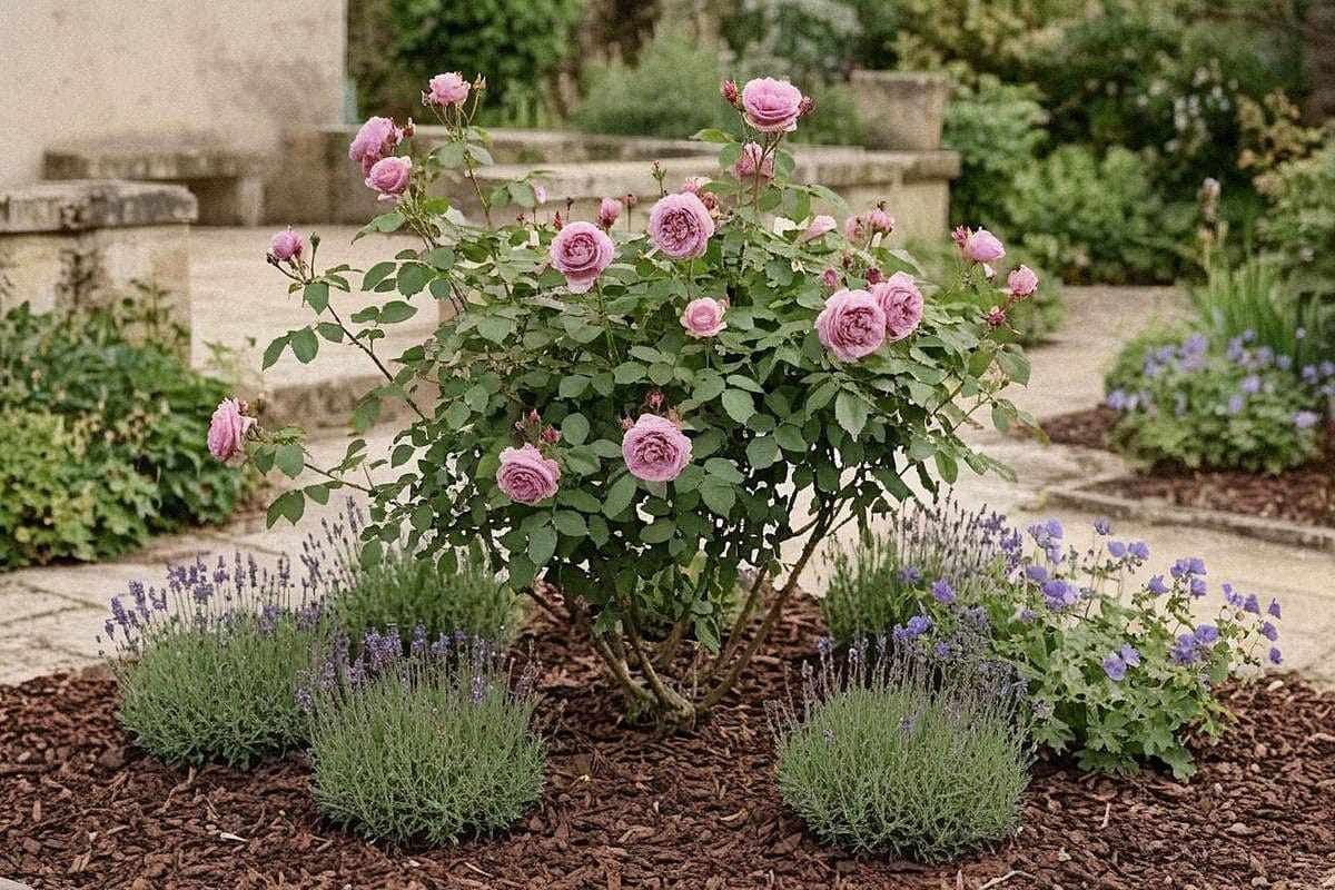 Grand rosier buisson couvert de fleurs roses à côté de lavandes et de géraniums vivaces, avec sol paillé et feuillage dense montrant une plante vigoureuse mais non surchargée