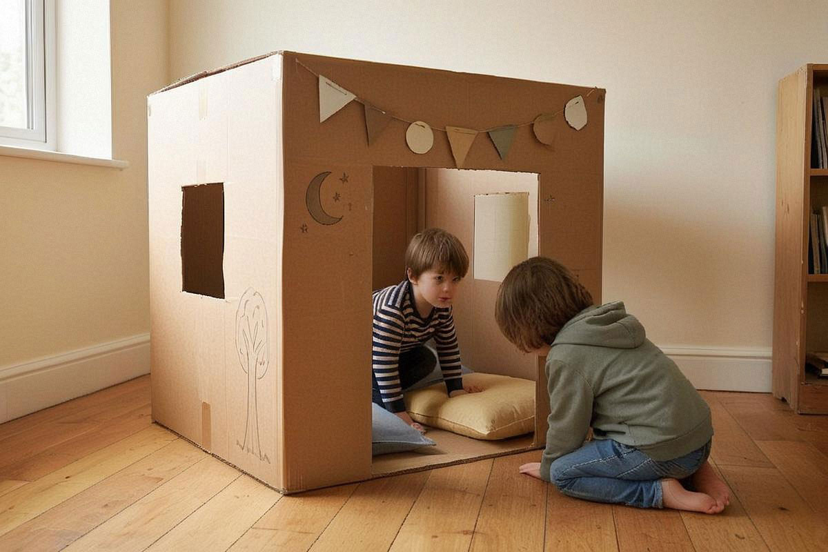 Grande cabane en carton décorée avec fenêtres, porte et dessins colorés, deux enfants jouant à l’intérieur avec coussins et guirlande en papier fabriquée maison