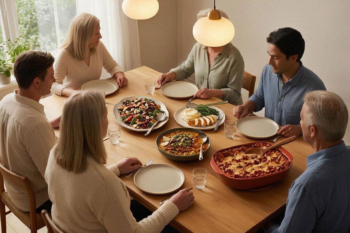 Grande table où quatre plats très différents sont servis, entre assiette improvisée, présentation précise, recette exotique et plat familial généreux entouré de convives
