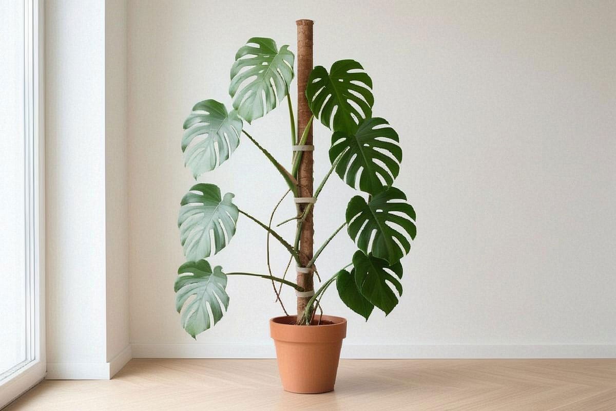 Gros Monstera deliciosa attaché sur un tuteur vertical de 180 cm avec liens souples, racines aériennes dirigées vers le support et grandes feuilles orientées vers la lumière