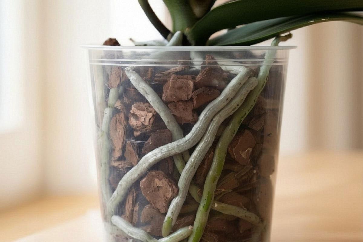 Gros plan comparatif sur des racines de Phalaenopsis saines, fermes et gris argenté, avec quelques racines vertes récemment arrosées visibles à travers un pot transparent