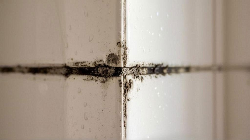 Gros plan serré et net sur trois joints de carrelage blancs fortement noircis dans un angle de douche, gouttes d'eau visibles sur la faïence, éclairage rasant qui accentue le contraste entre carreau propre et joint sale