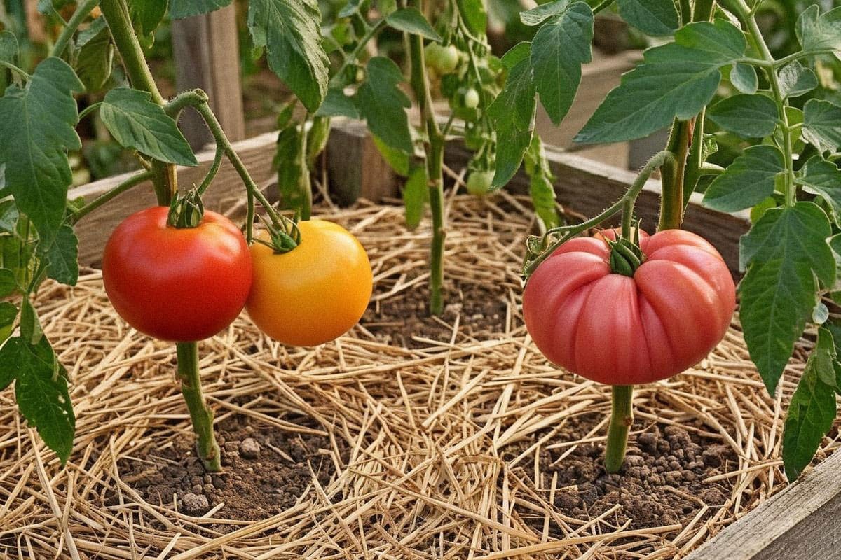 Gros plan sur plusieurs tomates mûres de variétés différentes, rouges, jaunes et côtelées, encore attachées à leurs pieds dans un potager ensoleillé avec paillage visible
