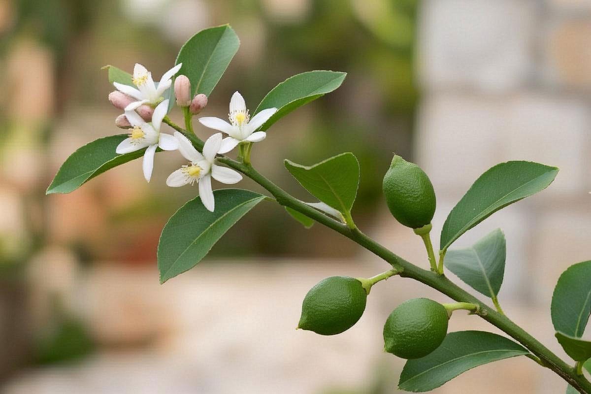 Gros plan sur un rameau de citronnier portant simultanément fleurs blanches, jeunes citrons verts et feuilles saines, montrant clairement la branche à conserver pendant la taille