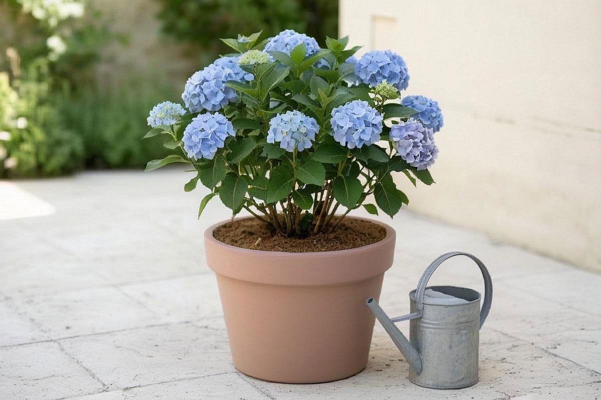 Hortensia en grand pot de 50 litres sur une terrasse ombragée, avec paillage en surface, fleurs bleues généreuses et arrosoir posé à proximité sans feuillage flétri