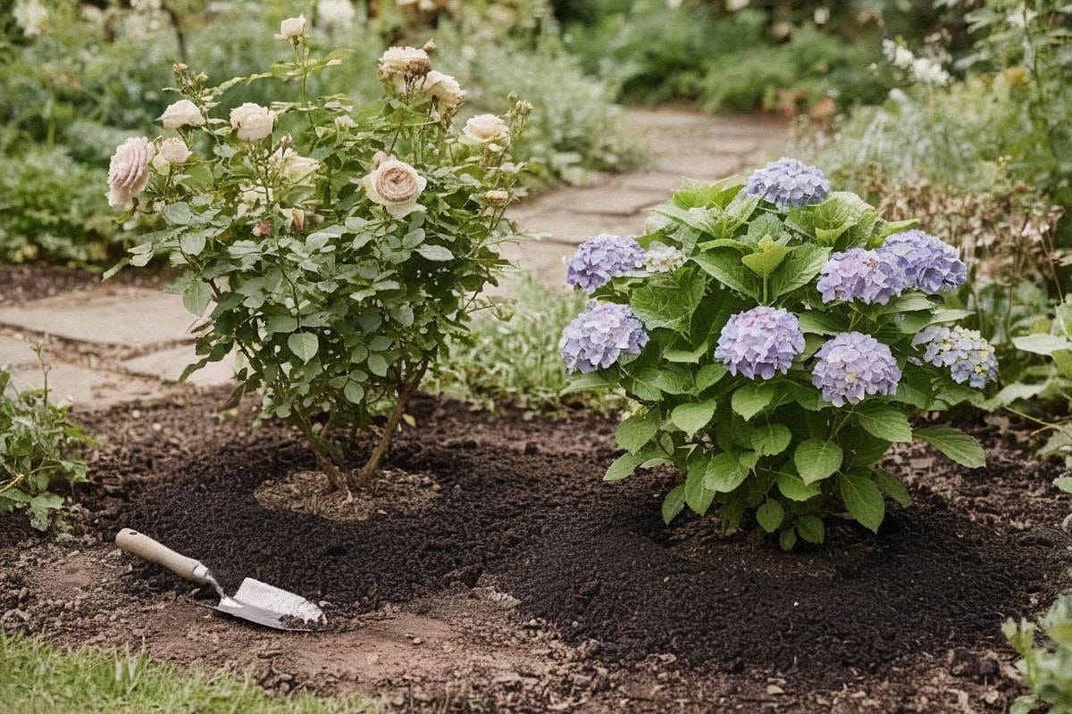 Hortensia et rosier entourés d’une fine couche de compost mûr sombre, avec petite pelle de jardin et absence totale de marc brut accumulé contre les tiges
