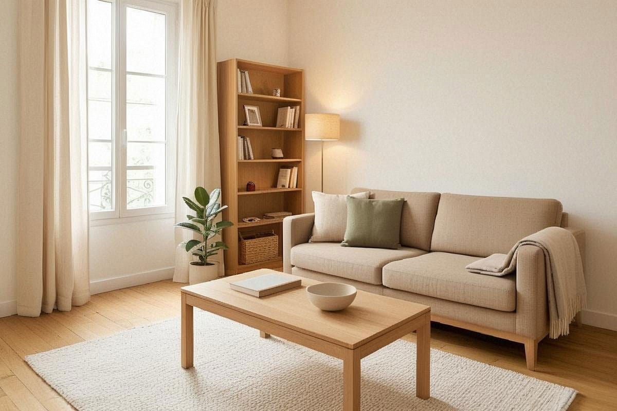Intérieur familial après désencombrement avec table dégagée, bibliothèque partiellement remplie, panier pour les objets quotidiens et souvenirs personnels encore visibles, montrant un résultat réaliste plutôt que minimaliste