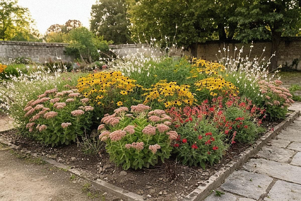 Jardin mature en fin d’été avec sedums roses, rudbeckias jaunes, sauges rouges et gauras blancs, feuillage dense couvrant le sol sans aspect trop entretenu