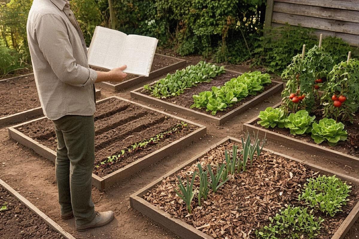 Jardinier consultant un calendrier au bord de quatre planches potagères représentant les saisons, avec semis, plantations, récoltes et sol couvert selon les périodes de l’année