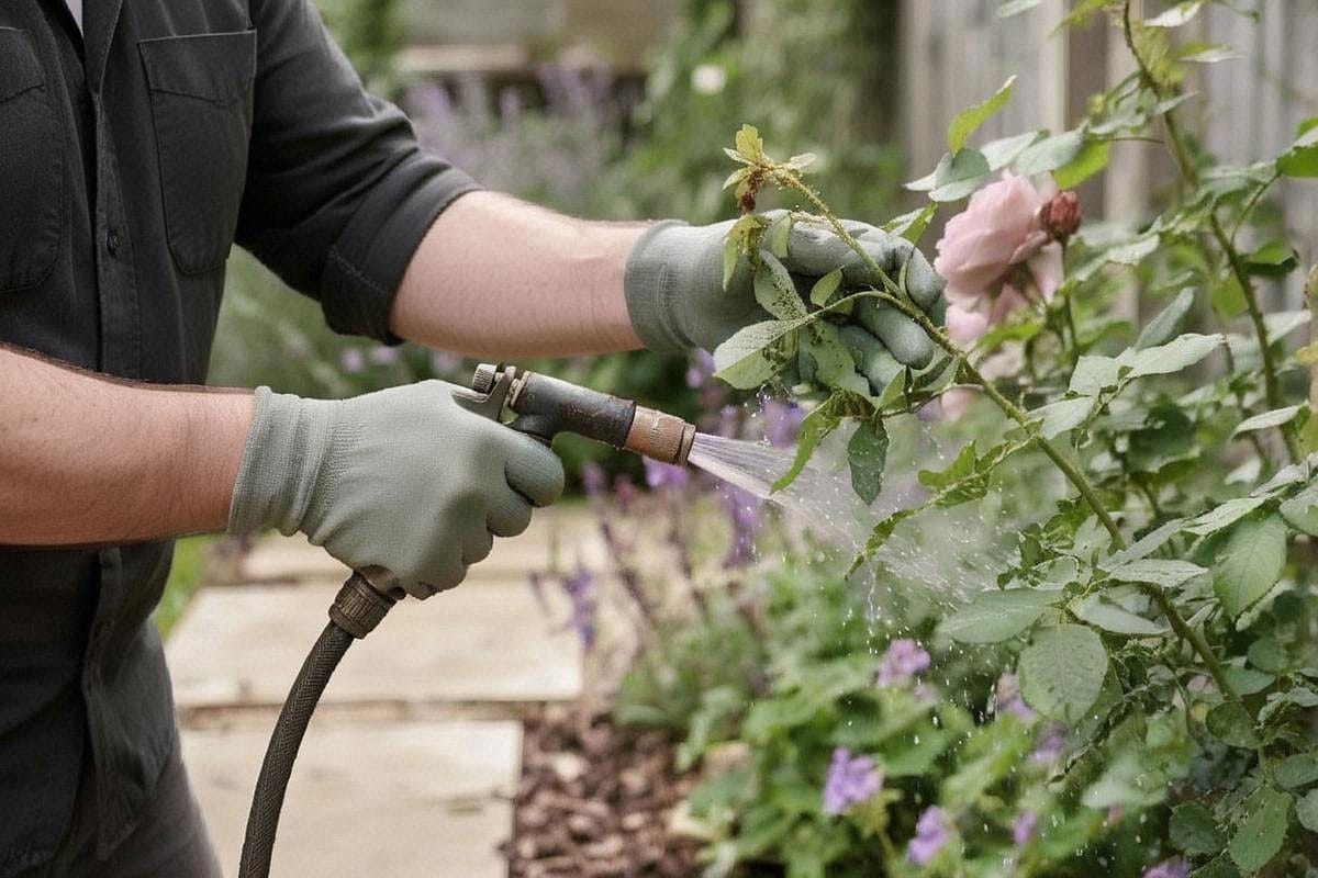 Jardinier dirigeant un jet d’eau doux sous les feuilles d’un rosier infesté, avec buse tenue à environ quarante centimètres pour déloger les pucerons sans casser les pousses