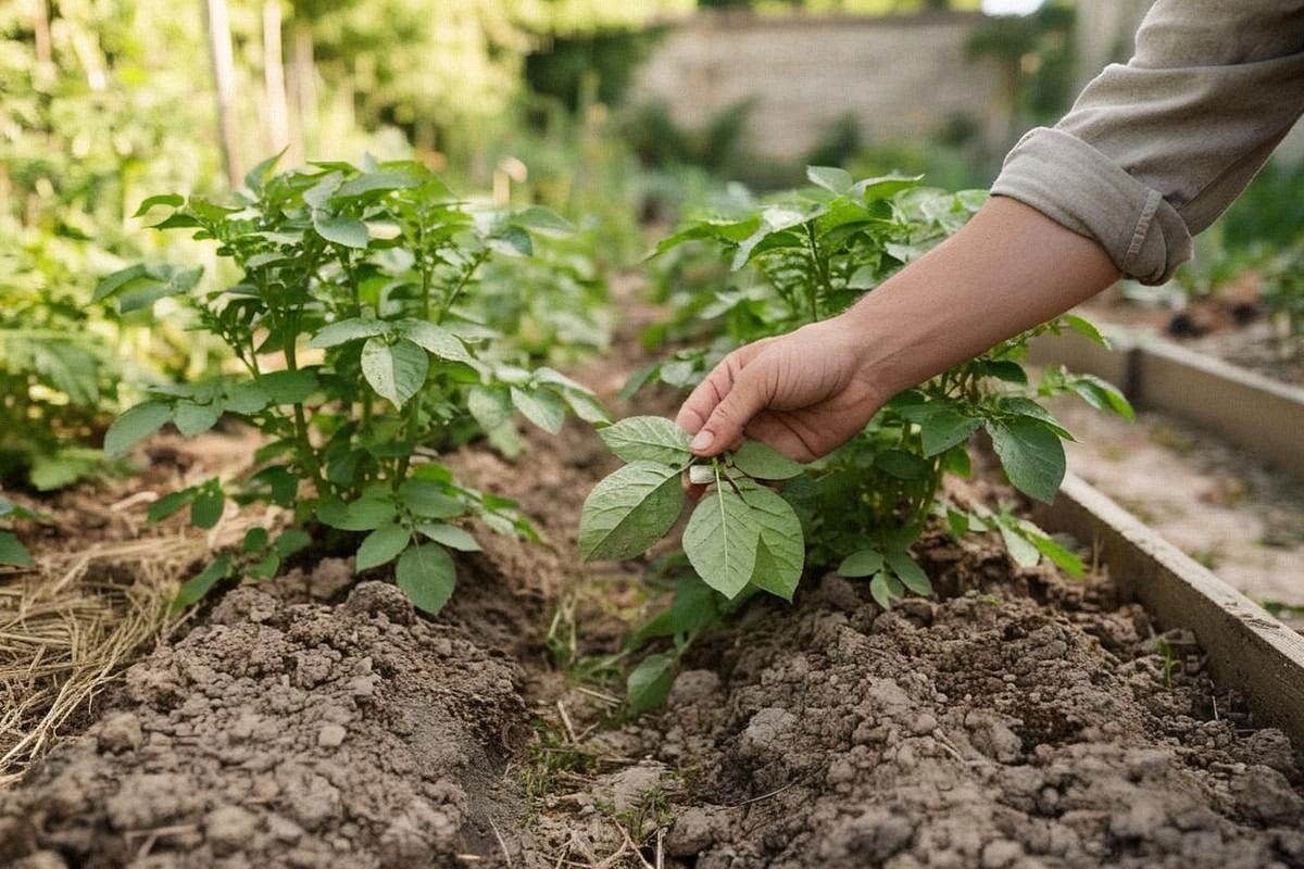 Jardinier inspectant le revers d’une feuille de pomme de terre vigoureuse, avec rang bien espacé et feuillage sec, tandis que les buttes restent clairement visibles au sol