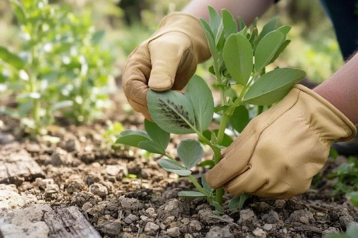 Jardinier inspectant le revers d’une jeune feuille de fève au printemps, avec petite colonie facilement visible avant que la plante ne présente des dégâts importants