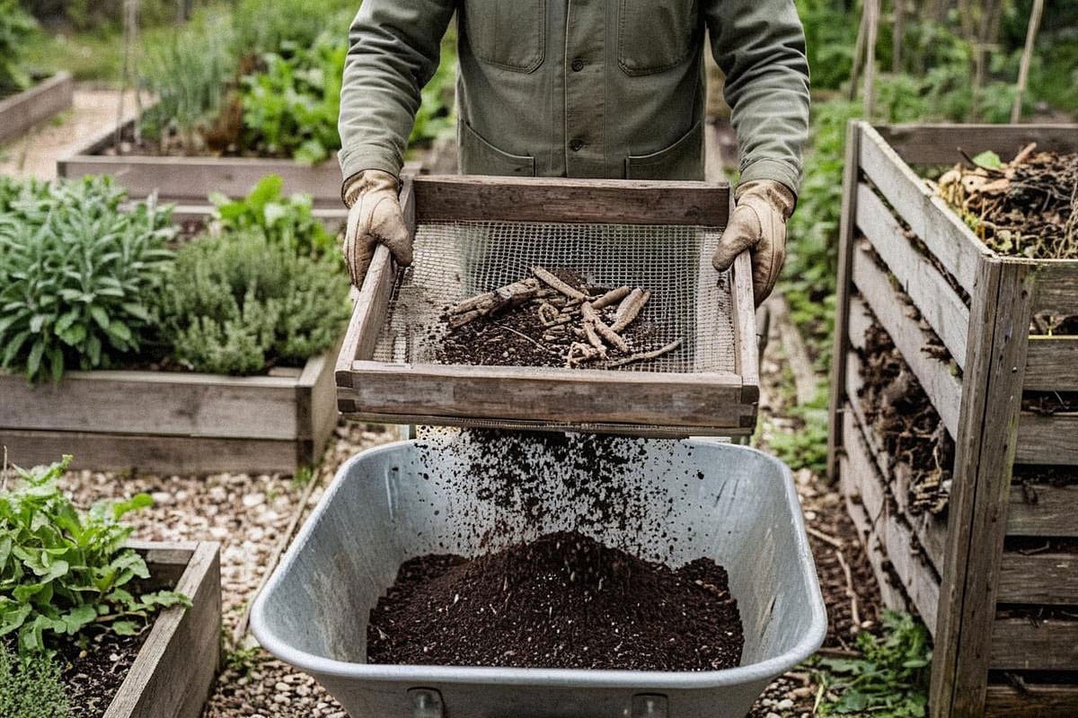 Jardinier tamisant du compost mûr au-dessus d’une brouette, avec matière fine tombant dessous et morceaux de brindilles conservés pour retourner dans le composteur
