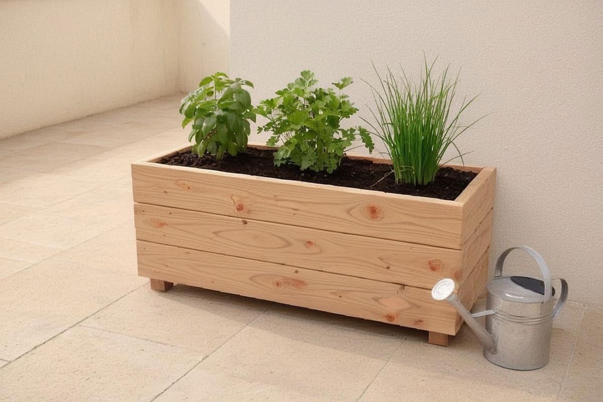 Jardinière en bois en cours de remplissage, avec substrat restant cinq centimètres sous le bord, trois aromatiques espacées et arrosoir posé à côté sur la terrasse