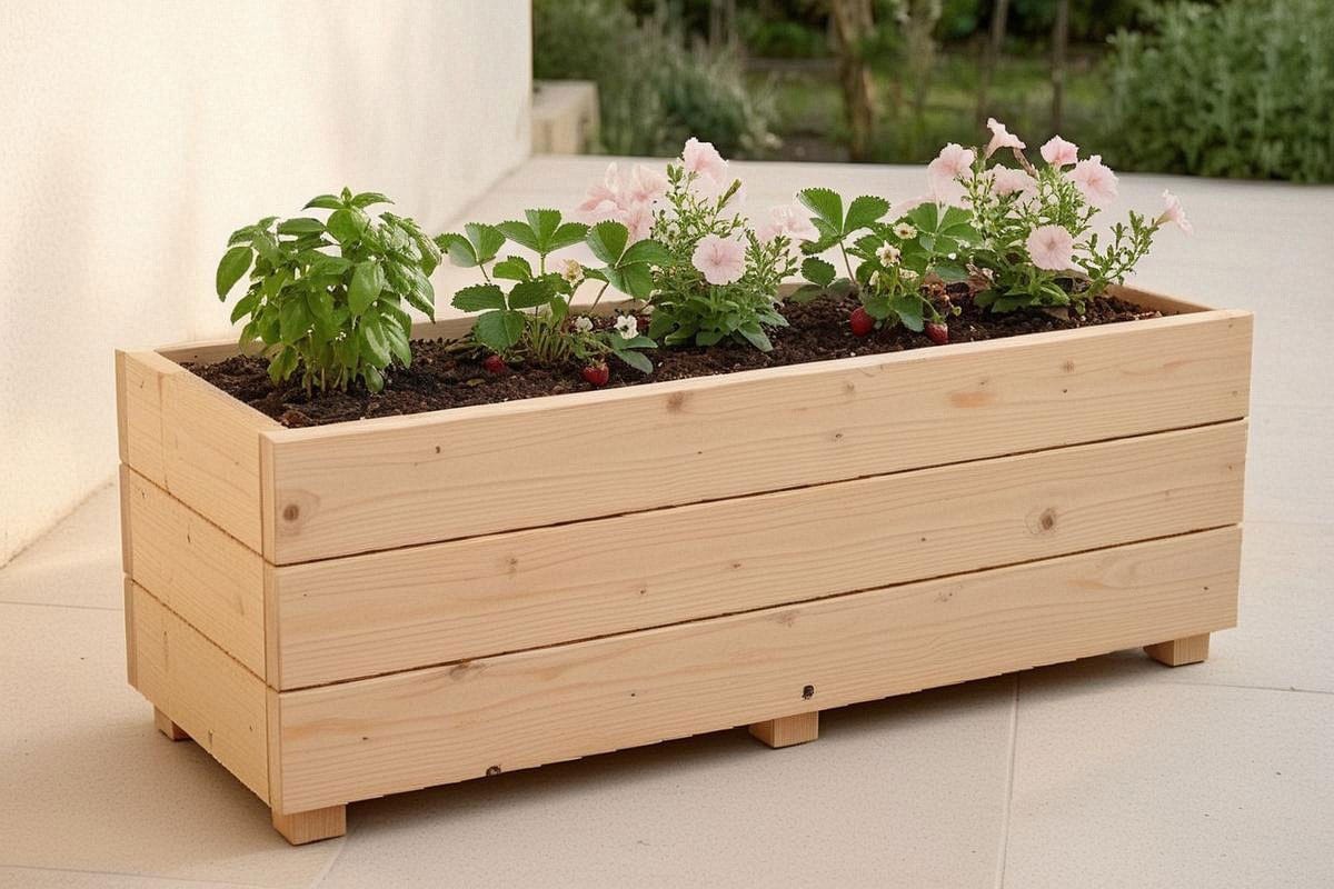 Jardinière finale en bois naturel remplie de basilic, fraisiers et fleurs, avec petits pieds laissant circuler l’air dessous et proportions adaptées à une terrasse contemporaine