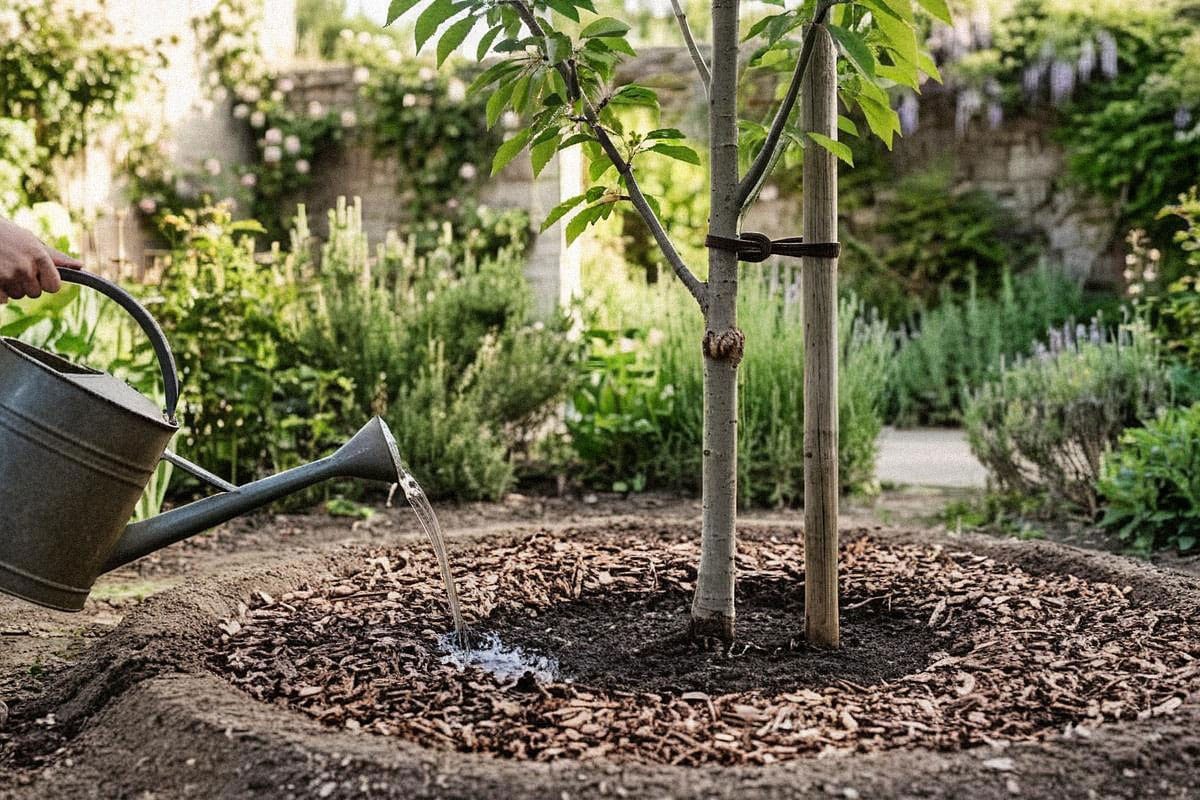 Jeune cerisier arrosé lentement dans une large cuvette, avec tuteur souple et paillage couvrant le sol sans toucher directement la base du tronc