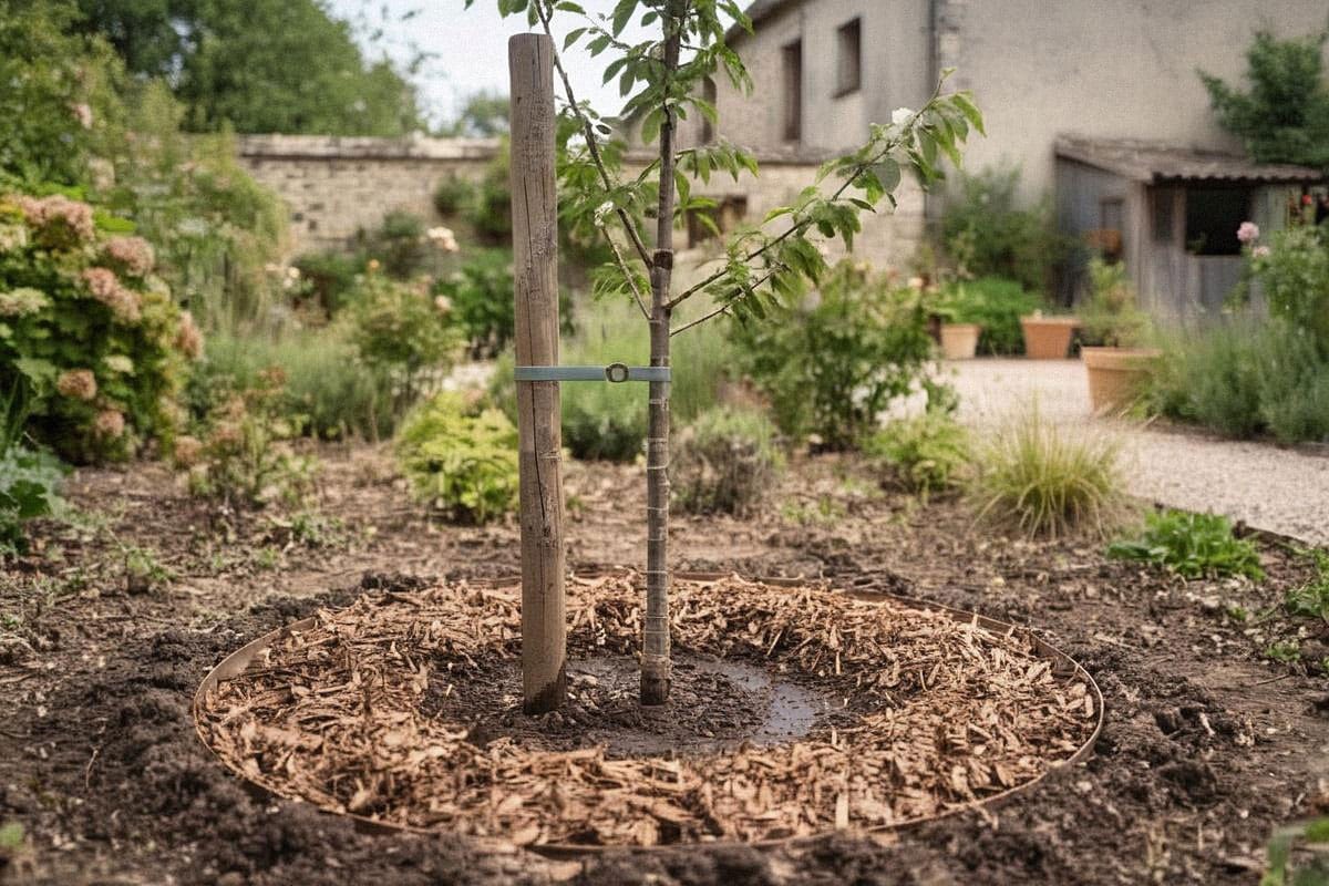 Jeune cerisier fraîchement planté dans une zone dégagée du jardin, attaché à un tuteur solide, avec large cuvette d’arrosage et sol paillé autour du pied
