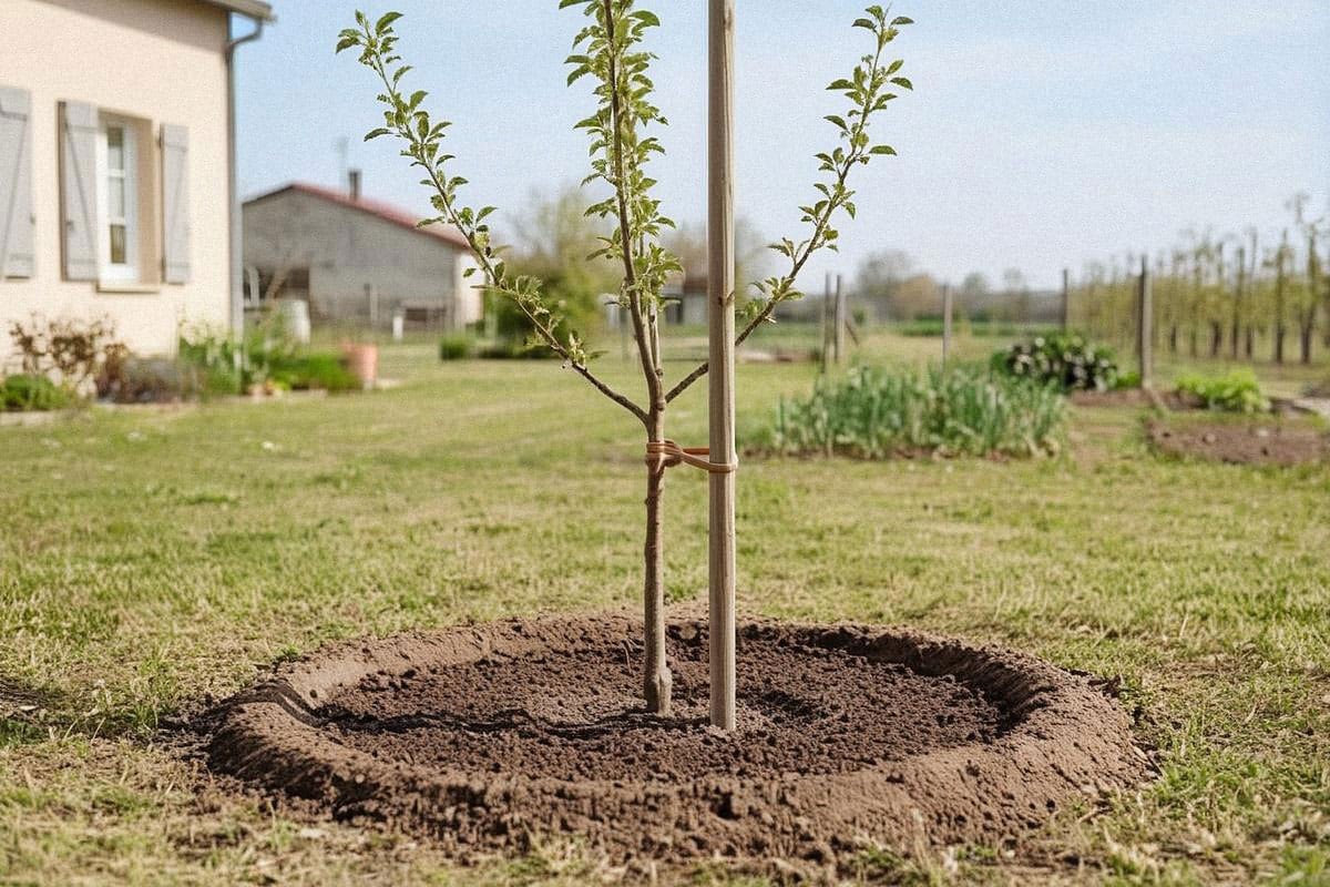 Jeune pommier récemment planté dans un jardin dégagé, attaché à un tuteur, avec cuvette d’arrosage large et espace libre autour du tronc sous un soleil de printemps