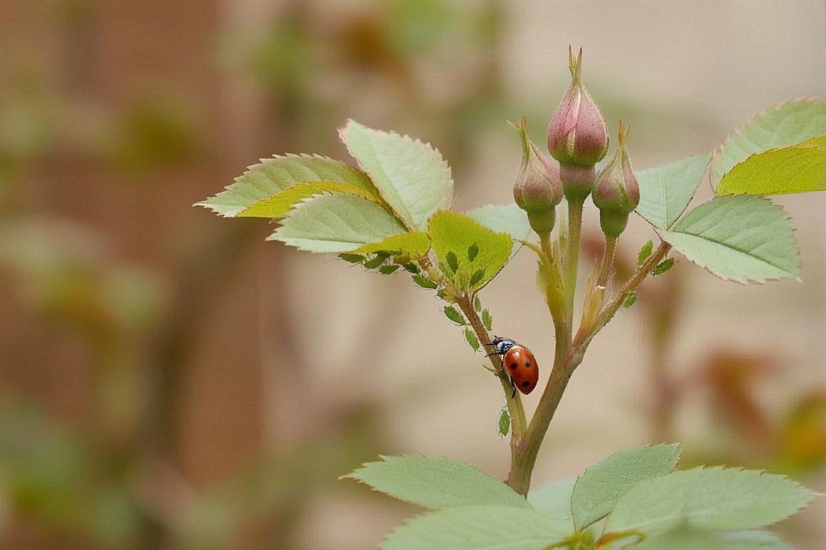 Jeune pousse de rosier portant une petite colonie de pucerons verts sous les feuilles, avec une coccinelle à proximité et plusieurs boutons floraux encore intacts