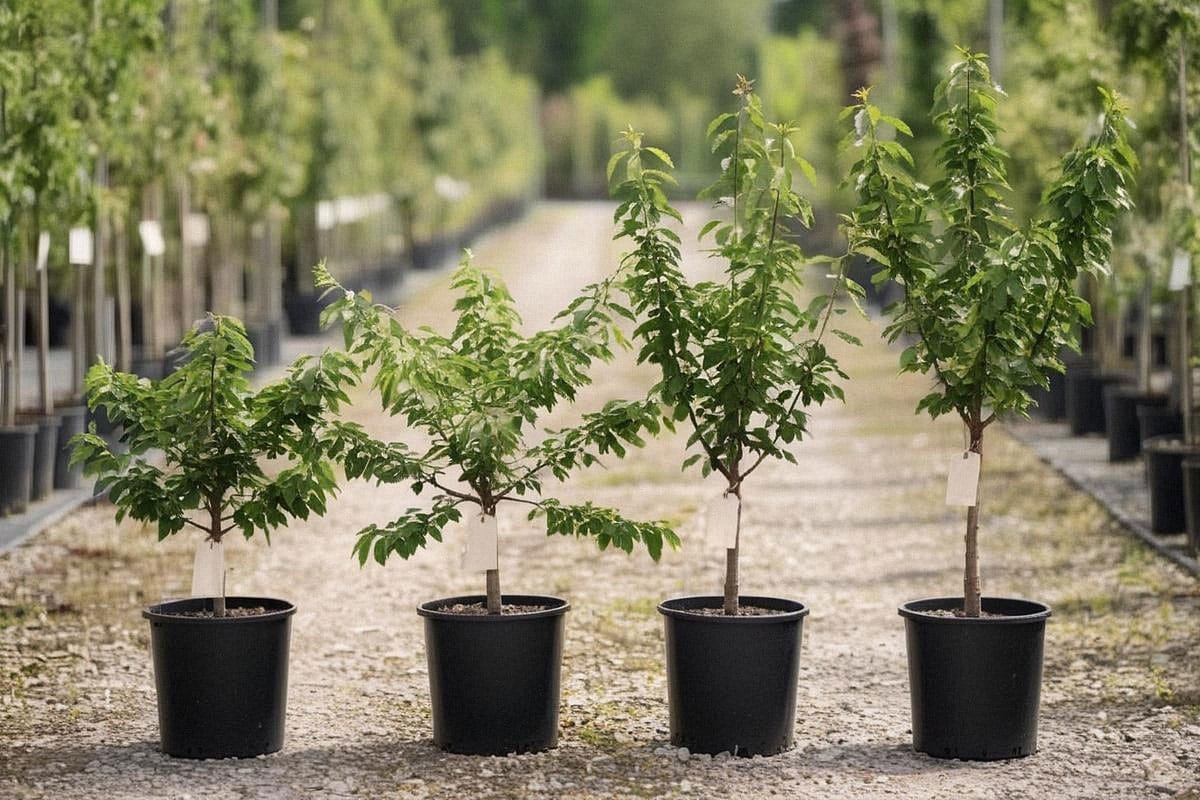 Jeunes cerisiers en pépinière avec étiquettes ‘Stella’, ‘Burlat’, ‘Summit’ et ‘Napoléon’, montrant des arbres bien ramifiés et différents formats disponibles