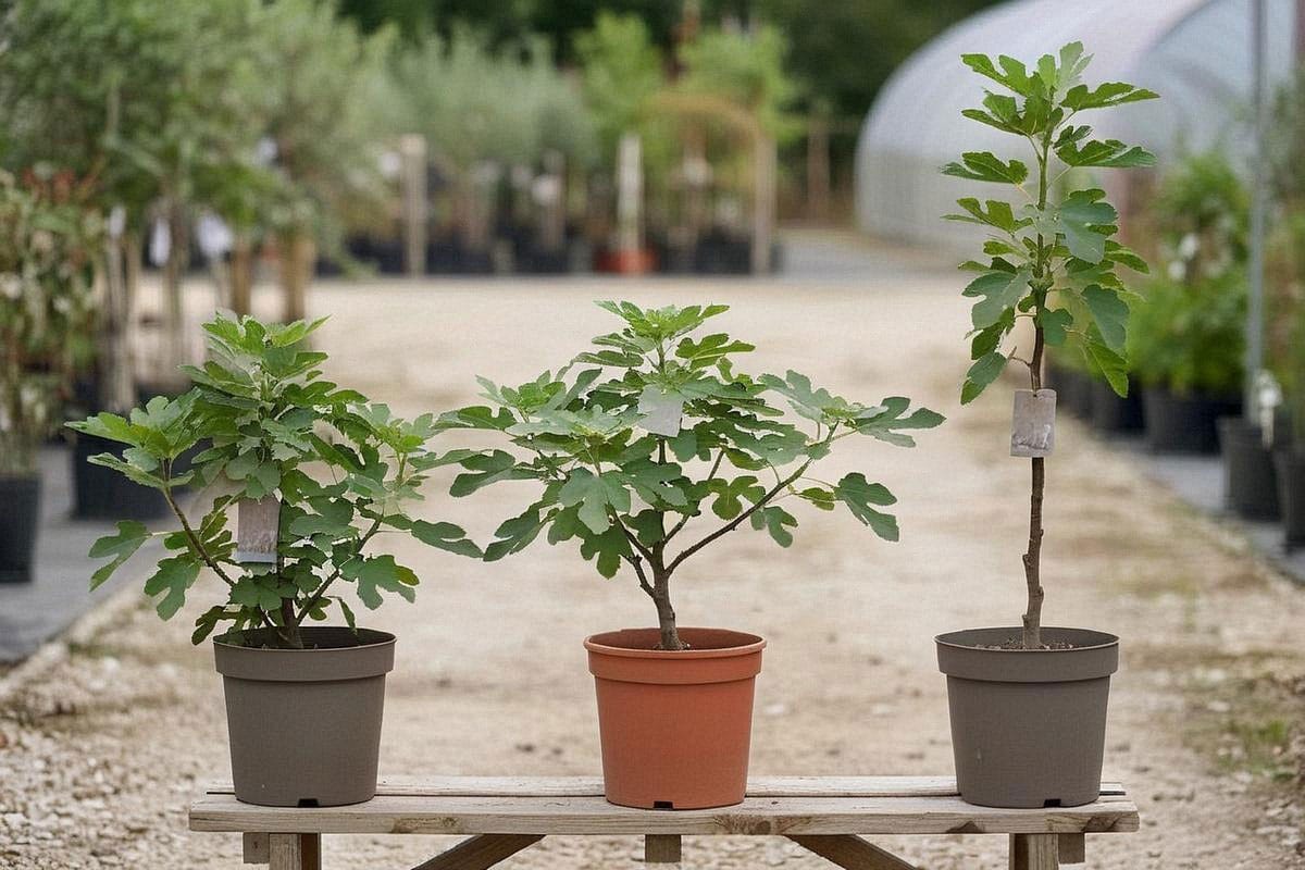 Jeunes figuiers en pépinière avec étiquettes ‘Brown Turkey’, ‘Dalmatie’ et ‘Violette de Solliès’, montrant différentes silhouettes et tailles avant la plantation au jardin