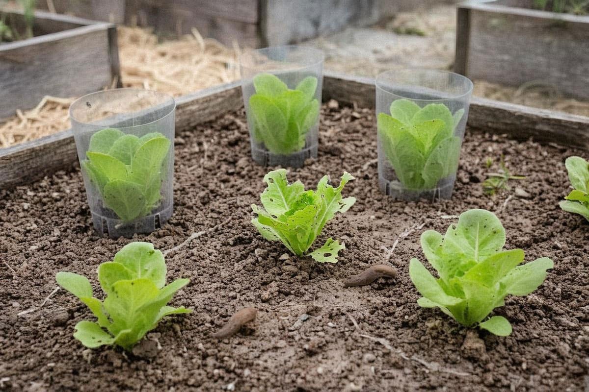 Jeunes laitues dans un potager humide avec traces de mucus visibles au sol, plusieurs feuilles grignotées et collerettes transparentes protégeant les plants encore intacts