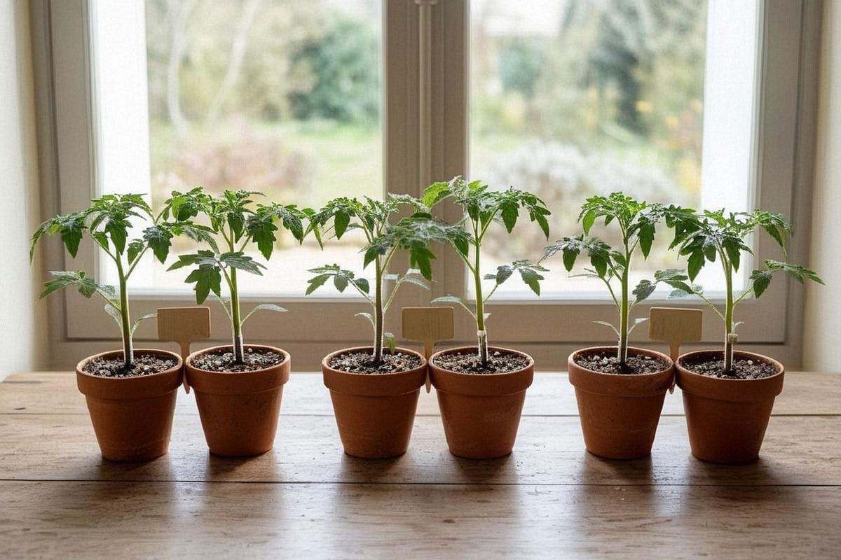 Jeunes plants de tomates compacts dans des godets de 9 cm, tiges épaisses, feuillage vert foncé et étiquettes indiquant ‘Marmande’, ‘Roma’ et ‘Rose de Berne’