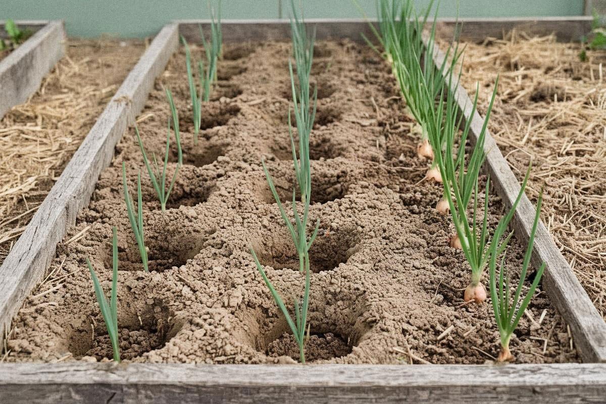 Jeunes poireaux fraîchement repiqués en lignes espacées, avec trous de plantation profonds et rang d’oignons voisin montrant deux cultures simples de longue durée