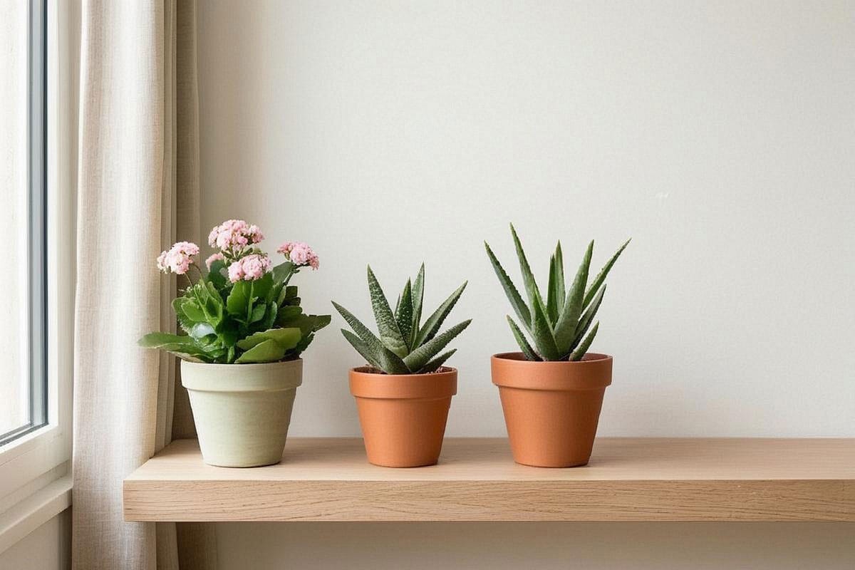 Kalanchoe rose en fleurs accompagné d’une Gasteria et d’un Aloe compact sur une étagère claire proche d’une fenêtre, avec pots de 12 à 18 cm