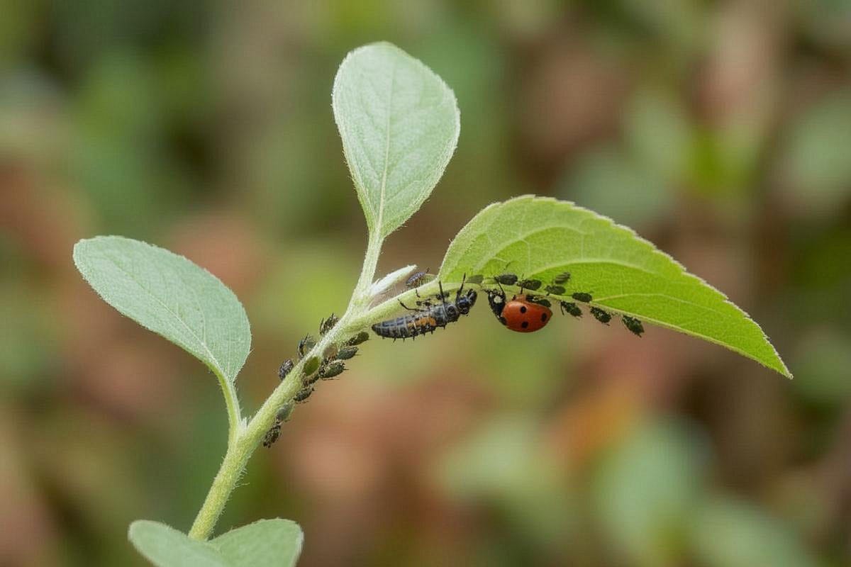 Larve de coccinelle et coccinelle adulte au milieu d’une colonie modérée de pucerons sur une tige, montrant clairement les auxiliaires qu’il faut préserver