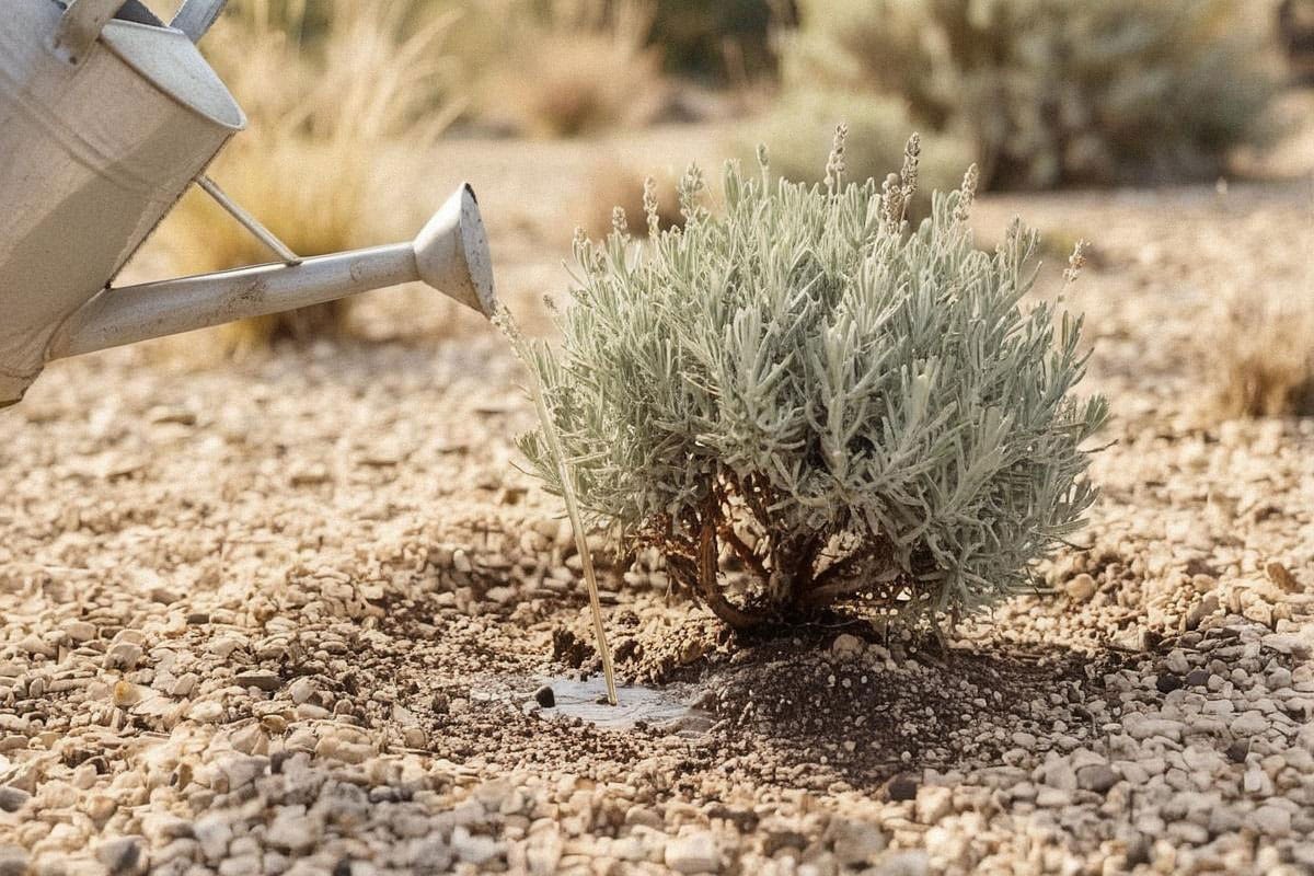Lavande adulte entourée d’un paillage minéral, arrosée lentement directement au pied avec un arrosoir, sans eau projetée sur le feuillage ni soucoupe retenant l’humidité