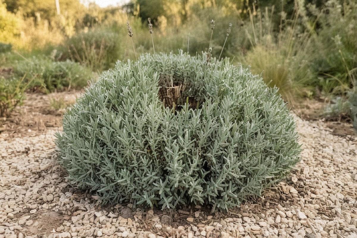Lavande adulte taillée en boule après floraison, avec jeunes pousses vertes encore visibles sur toute la périphérie et aucune coupe sévère dans le vieux bois central