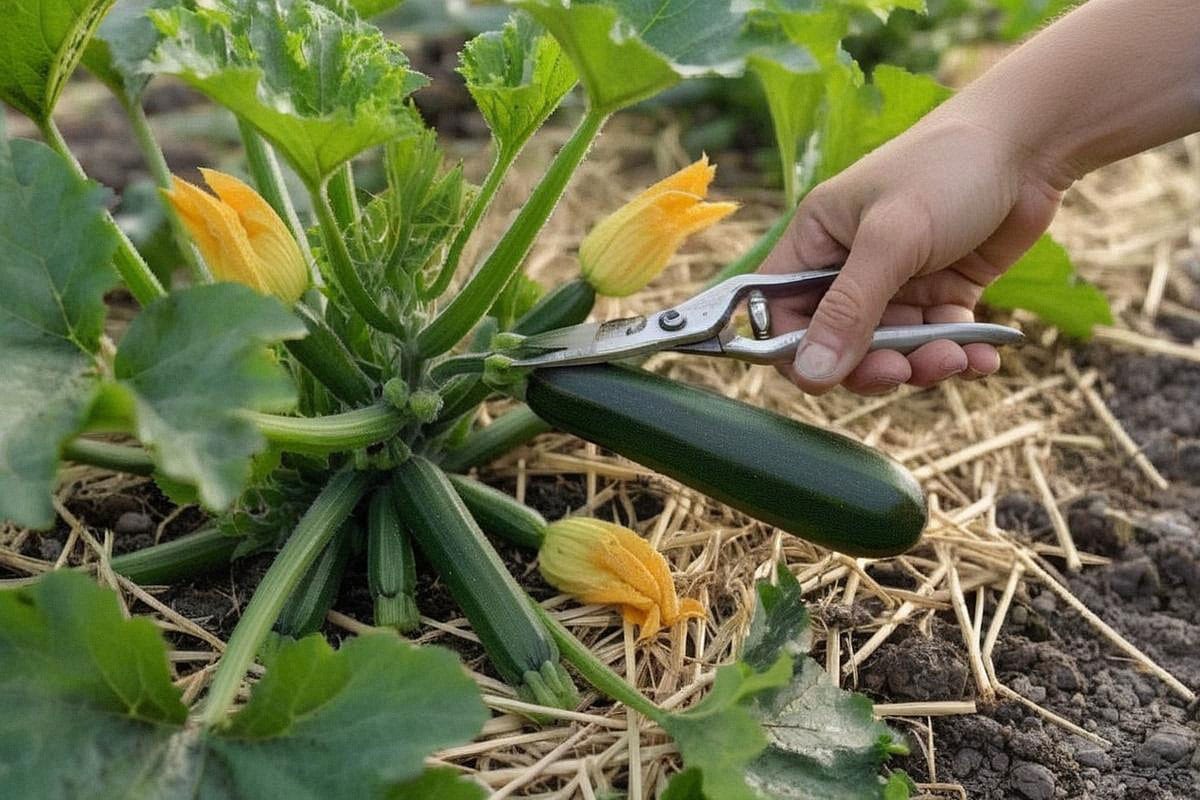 Main coupant une courgette vert foncé de 18 cm avec un petit sécateur, tandis que plusieurs jeunes fruits restent visibles sous les grandes feuilles du plant