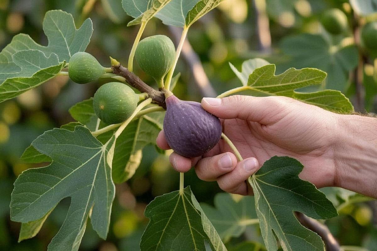 Main cueillant une figue violette parfaitement mûre, légèrement inclinée vers le bas, avec plusieurs fruits encore verts sur la même branche sous une lumière de fin d’été