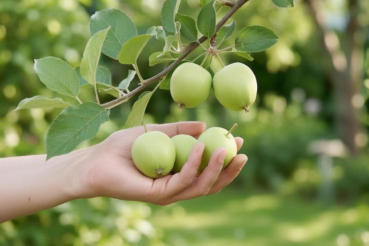 Main éclaircissant un bouquet de cinq jeunes pommes vertes pour n’en conserver que deux, sur une branche saine et bien éclairée en début d’été