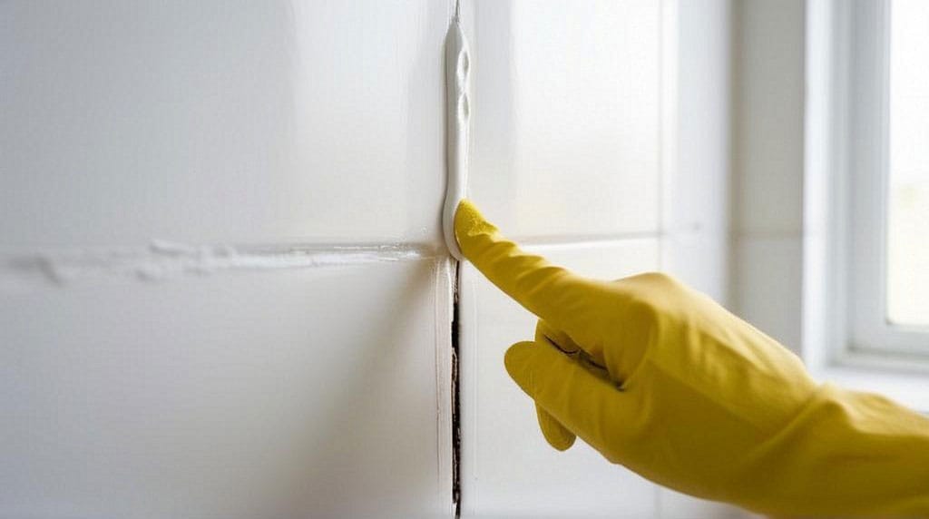 Main gantée étalant un cordon de pâte blanche sur un joint de carrelage vertical à l'aide d'un doigt, excédent de pâte débordant légèrement sur les carreaux, éclairage naturel de salle de bain