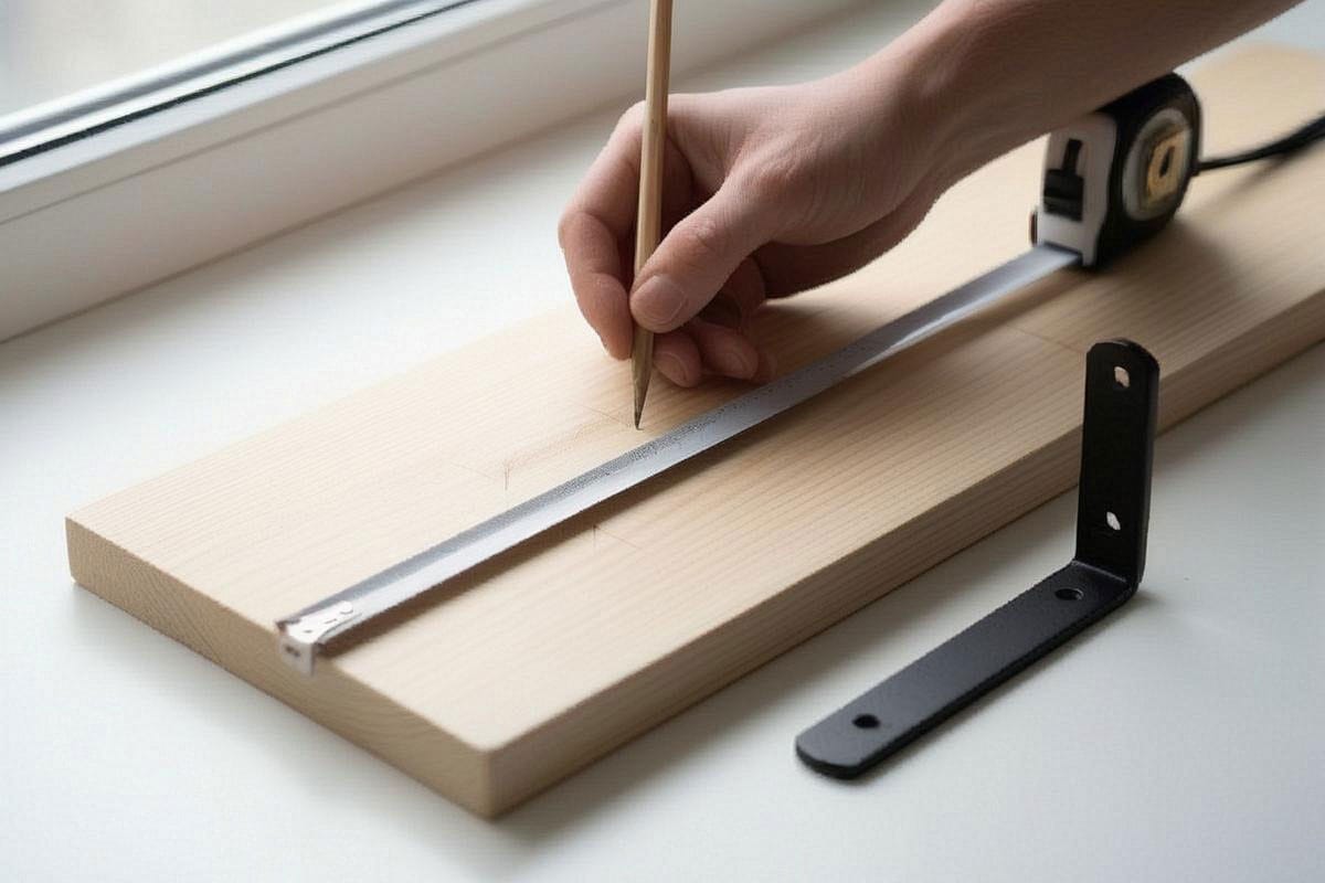 Main utilisant un mètre ruban sur une planche en pin, avec repères au crayon pour une tablette de 80 × 20 cm et une équerre posée à proximité