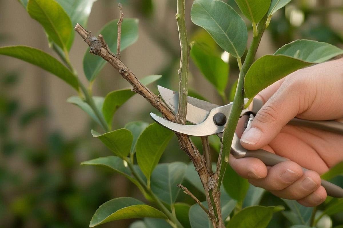 Main utilisant un sécateur propre pour retirer une petite branche sèche d’un citronnier, avec différence nette entre bois brun mort et rameaux verts portant des feuilles
