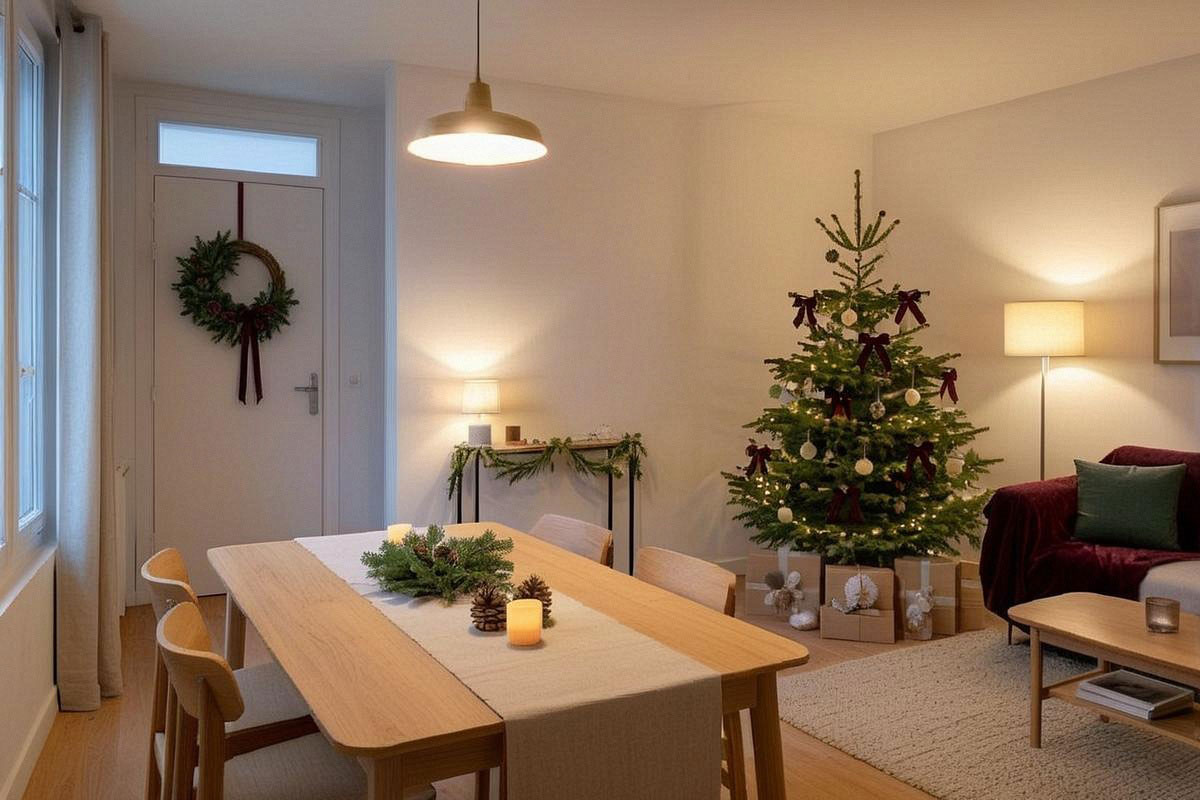 Maison décorée pour Noël au début de soirée, avec sapin lumineux, table sobre, couronne à l’entrée et quelques détails cohérents visibles sans accumulation de décorations
