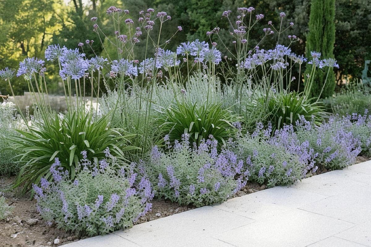 Massif bleu et violet composé d’agapanthes, nepeta et verveines de Buenos Aires, avec différentes hauteurs et feuillage léger autour d’une terrasse claire