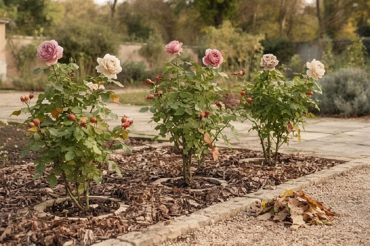 Massif de rosiers en automne avec dernières fleurs, quelques cynorhodons, feuilles sèches ramassées et couche de paillage renouvelée autour des pieds sans couvrir les tiges