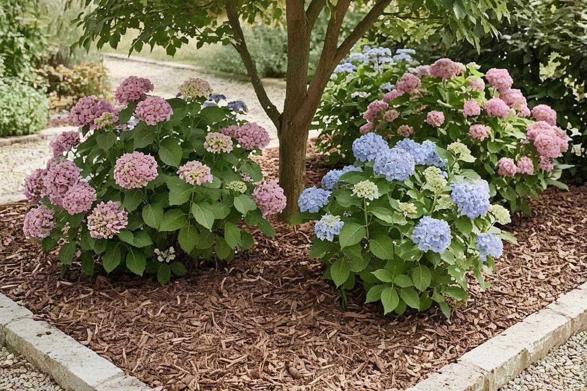 Massif d’hortensias adultes à mi-ombre avec fleurs roses et bleues, feuillage sain, sol couvert de paillage et lumière filtrée par un petit arbre caduc