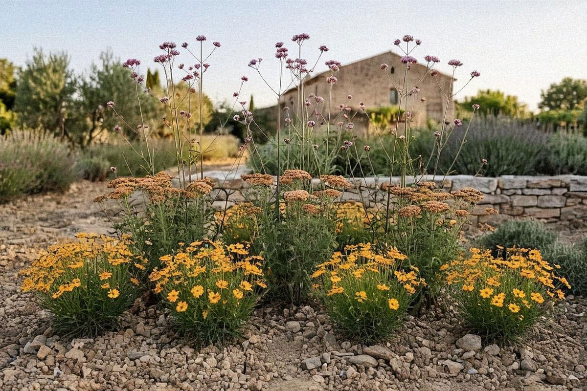 Massif naturel mêlant coréopsis jaunes, achillées orangées et verveines violettes, avec différentes hauteurs et floraison abondante malgré une terre visiblement sèche et minérale