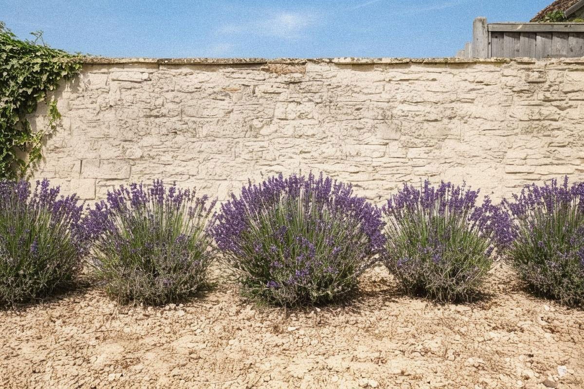 Massif plein sud devant un mur clair, avec plusieurs lavandes ‘Hidcote’ espacées d’environ 55 cm et ombres courtes montrant une exposition réellement ensoleillée