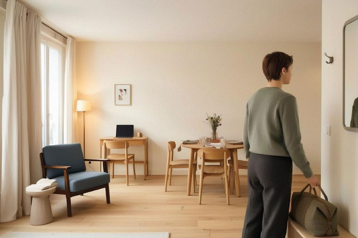 Même personne représentée dans plusieurs contextes — travail, dîner entre amis, voyage et moment calme — avec des attitudes légèrement différentes illustrant la souplesse du tempérament