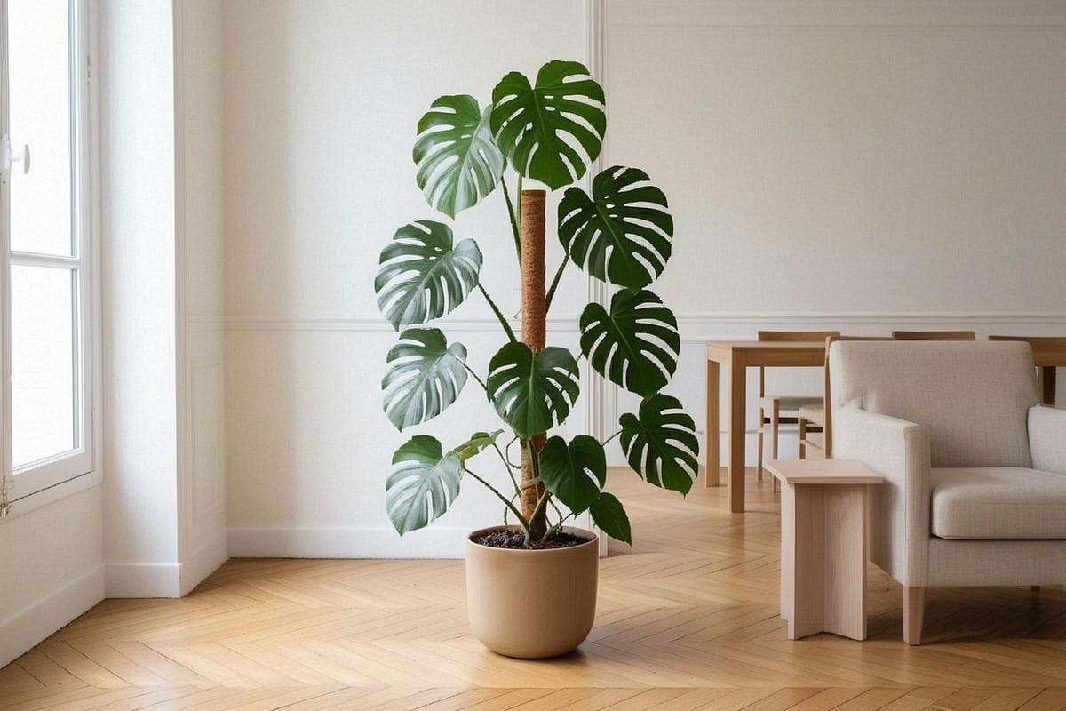 Monstera adulte conduit sur tuteur dans un salon lumineux, avec grandes feuilles découpées, pot sobre et environ un mètre d’espace libre autour pour éviter l’effet encombré