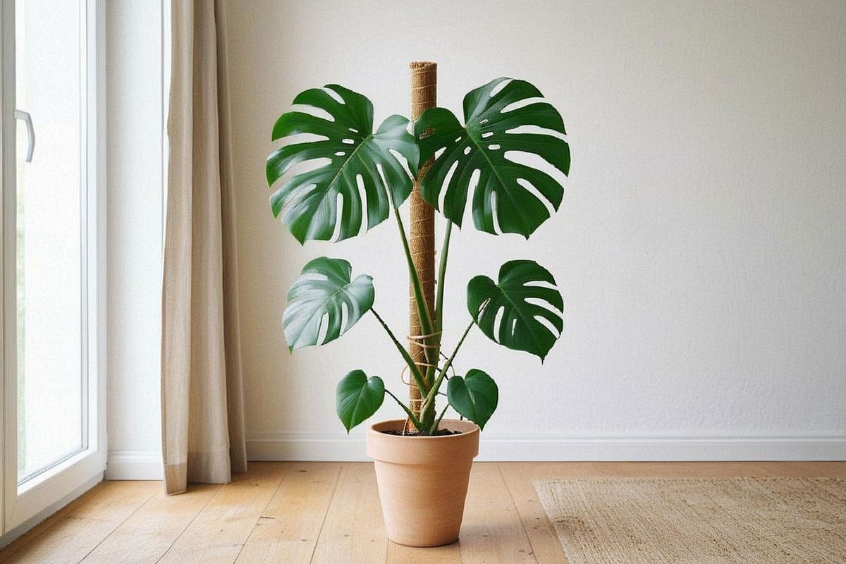 Monstera deliciosa adulte installé à environ un mètre d’une grande fenêtre, avec feuilles de tailles différentes montrant progressivement l’apparition des fenestrations et un tuteur vertical visible
